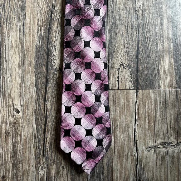 Stafford 100% Silk Mens Neck Tie Geometrical abstract Pink Grey Black circle - Picture 1 of 1